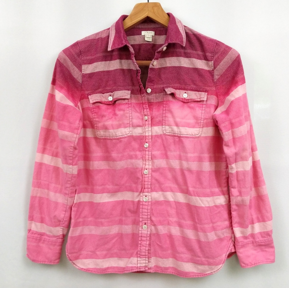 J. Crew Factory Flannel Shirt Ombre Striped Bleach Dipped Button Front Pink Med